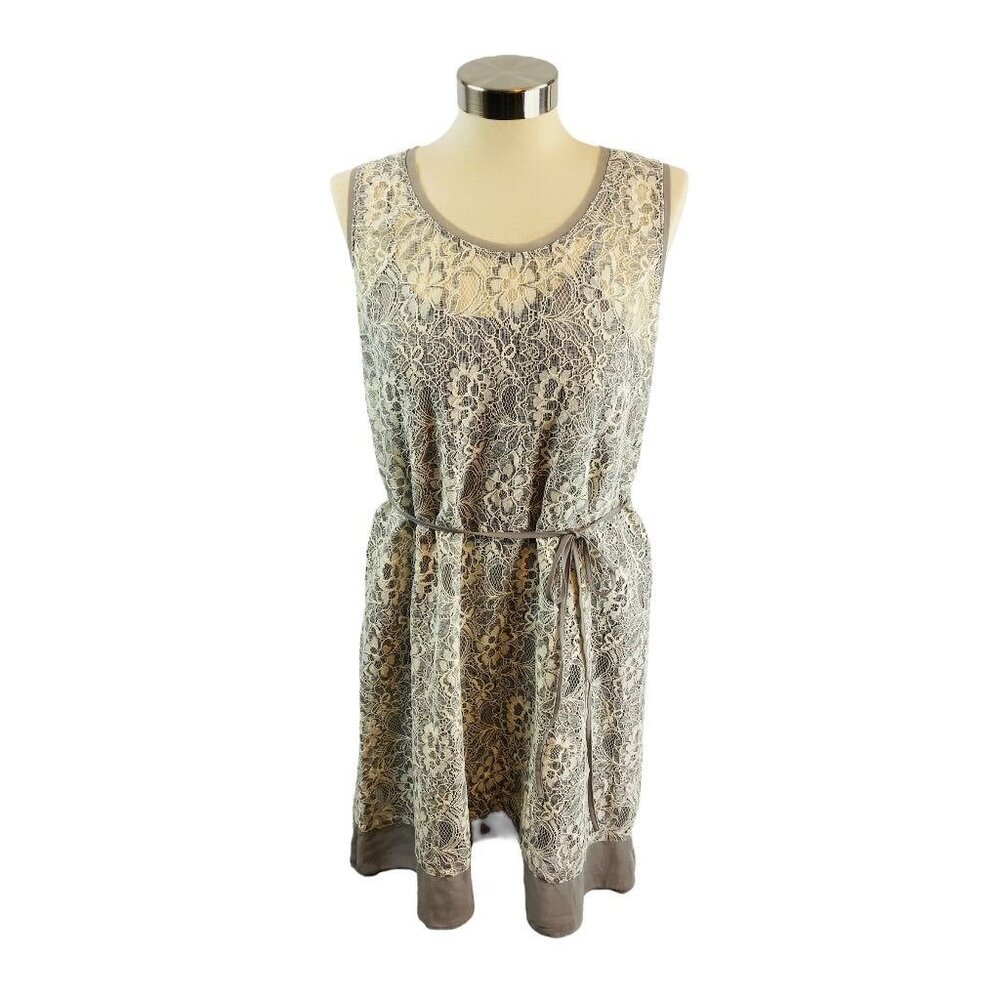 Medium Simply Vera Lace Shift Dress Belted Gray‎ White Sleeveless Pockets